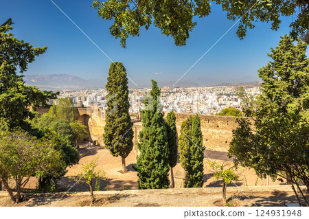 Castle of Gibralfaro in Malaga city at Andalusia, Spain, Europe. Cityscape viewed from a garden, showcasing a panoramic vista of urban architecture and surrounding hills under a clear sky. Castle of Gibralfaro in Malaga city at Andalusia, Spain, Europe. Cityscape viewed from a garden, showcasing a panoramic vista of urban architecture and surrounding hills under a clear sky. 124931948