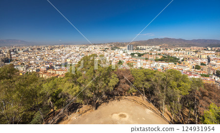 Malaga, seaside city in Andalusia, Spain, Europe. Panoramic city view from a hilltop vantage point, showcasing a sprawling urban landscape under a clear blue sky. 124931954