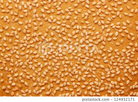 Golden sesame seeds spread evenly across a textured surface 124932171