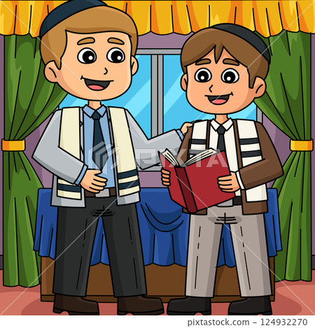 Bar Mitzvah Boy with a Rabbi Colored Cartoon  124932270