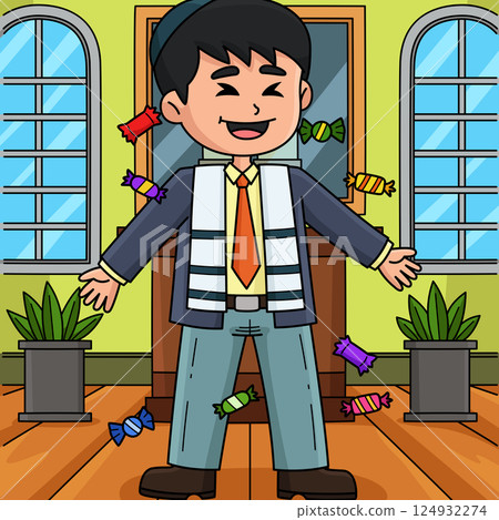 Bar Mitzvah Boy Showering Candies Colored Cartoon  124932274