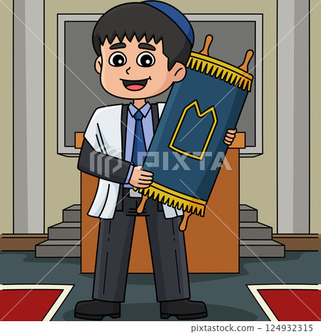 Bar Mitzvah Boy Carrying the Torah Colored Cartoon Bar Mitzvah Boy Carrying the Torah Colored Cartoon 124932315