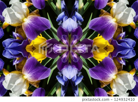 Kaleidoscope of purple yellow white iris bloom pattern 124932410