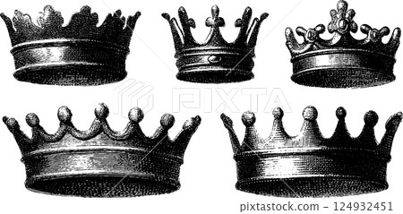 Vintage black and white illustrations of ornate crowns in various designs Vintage black and white illustrations of ornate crowns in various designs 124932451