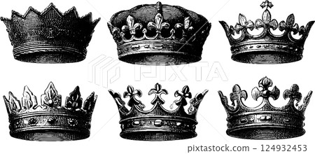 Vintage engravings of six ornate crowns with distinct designs 124932453