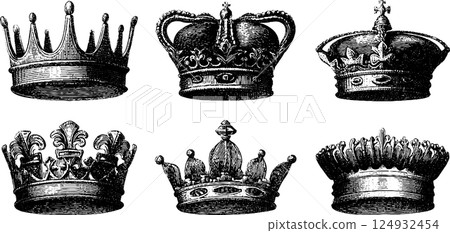 Vintage engraving of various crown designs showcasing intricate royal details Vintage engraving of various crown designs showcasing intricate royal details 124932454