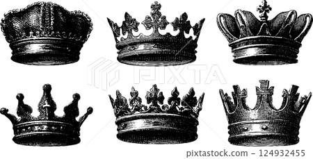 Vintage black and white illustrations of royal crowns Vintage black and white illustrations of royal crowns 124932455