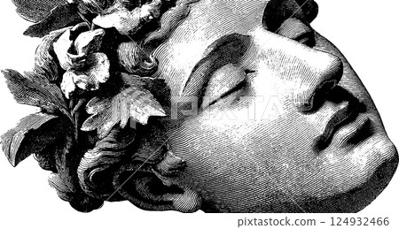 Classical sculpture: serene face with floral crown in black and white 124932466