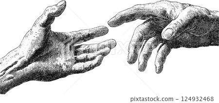 Engraved hands reaching toward each other in classical art style Engraved hands reaching toward each other in classical art style 124932468