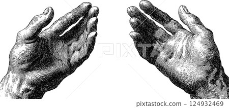 Detailed retro etching of two hands facing each other Detailed retro etching of two hands facing each other 124932469