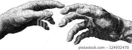 Artistic depiction of two human hands reaching out in classic pen illustration style Artistic depiction of two human hands reaching out in classic pen illustration style 124932470