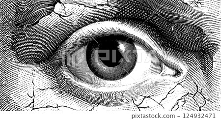 Detailed black and white engraving of a human eye with intricate texture Detailed black and white engraving of a human eye with intricate texture 124932471