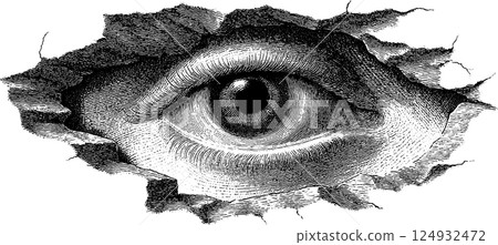 Intricate black and white etching of a watchful eye surrounded by torn paper Intricate black and white etching of a watchful eye surrounded by torn paper 124932472