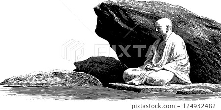 Meditative caucasian monk sitting on rocks near water in tranquil scene 124932482