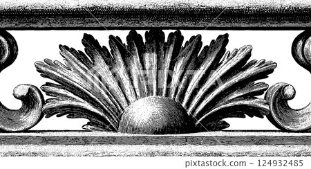 Ornate vintage wood carving design with decorative fan and scroll elements 124932485