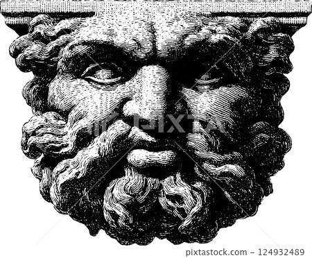 Detailed engraving of mythical bearded man's face with intense expression 124932489