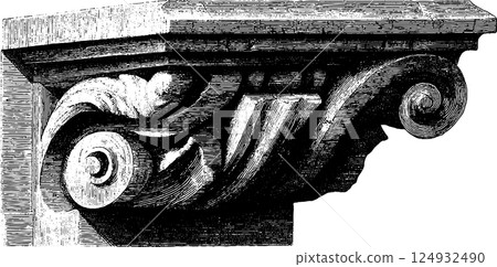 Vintage architectural capital design with intricate swirl and leaf patterns 124932490