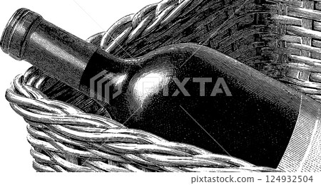 Vintage wine bottle in wicker basket engraving style artwork 124932504