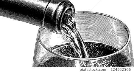 Vintage style engraving of wine being poured into glass Vintage style engraving of wine being poured into glass 124932506