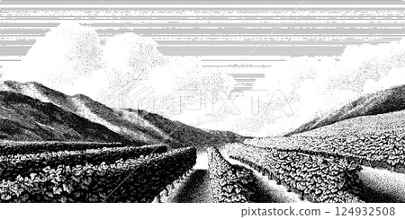 Vineyard landscape with lush grape vines and mountain view in vintage style Vineyard landscape with lush grape vines and mountain view in vintage style 124932508