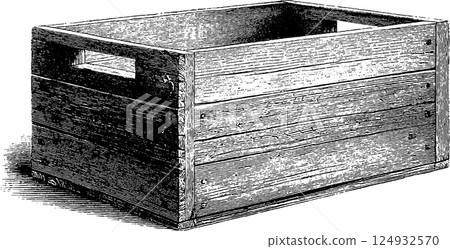 Vintage wooden crate with detailed engraving and open handles Vintage wooden crate with detailed engraving and open handles 124932570