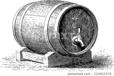 Vintage wooden beer barrel with tap on stand - rustic hand-drawn style for brewing Vintage wooden beer barrel with tap on stand - rustic hand-drawn style for brewing 124932574