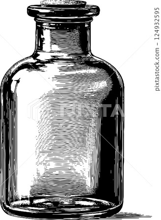 Vintage glass bottle with stopper - detailed black and white drawing Vintage glass bottle with stopper - detailed black and white drawing 124932595