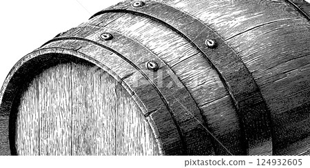 Vintage wooden barrel with metal hoops in detailed engraving style 124932605