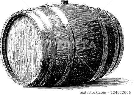 Detailed vintage wooden barrel engraving with metal hoops 124932606