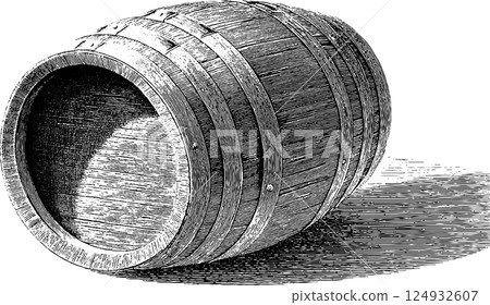 Vintage wooden barrel with detailed engravings on white background 124932607