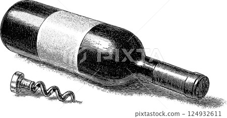 Vintage wine bottle and corkscrew illustration in black and white engraving style Vintage wine bottle and corkscrew illustration in black and white engraving style 124932611