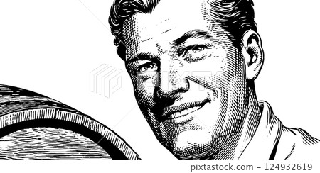 Smiling male with vintage style illustration in black and white Smiling male with vintage style illustration in black and white 124932619