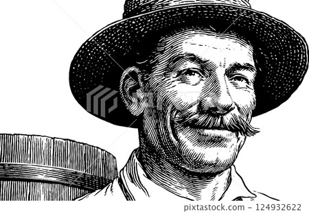 Smiling caucasian male with hat and barrel - vintage black and white illustration 124932622