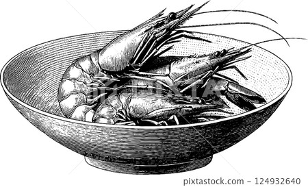 Vintage engraving of fresh shrimp in a bowl 124932640