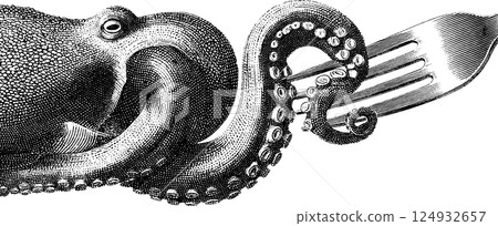 Intricate octopus illustration with fork: detailed tentacles and intricate design Intricate octopus illustration with fork: detailed tentacles and intricate design 124932657