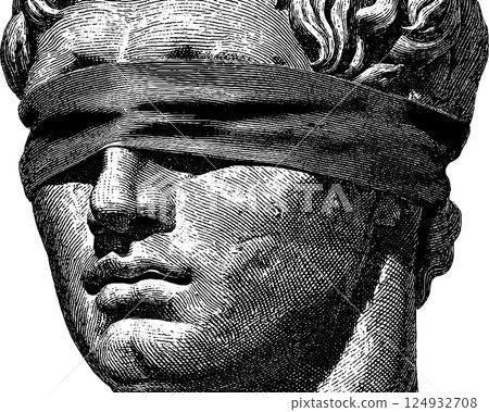Vintage engraving of classical blindfolded bust with intricate details 124932708