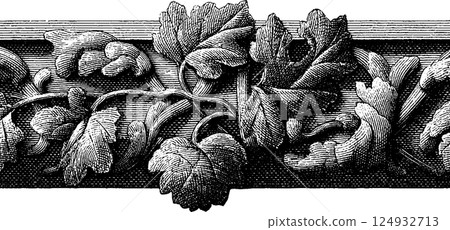 Intricate black and white vintage floral ornament with detailed leaves and stems 124932713