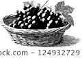 Vintage engraving of grapes in wicker basket with leaves 124932729