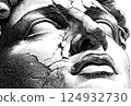 Detailed black and white sketch of cracked classical sculpture face 124932730