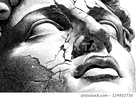 Detailed black and white sketch of cracked classical sculpture face 124932730