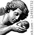 Cherubic angel contemplating earth with gentle expression 124932732
