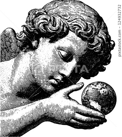 Cherubic angel contemplating earth with gentle expression Cherubic angel contemplating earth with gentle expression 124932732
