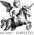 Cherubic child on winged unicorn - mythical illustration 124932735