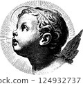 Antique engraving of cherubic child with halo and wings in profile 124932737
