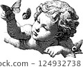 Cherubic child with butterflies - vintage black and white illustration 124932738