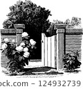 Vintage garden gate with blooming flowers and lush foliage in black and white 124932739