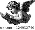 Cherubic angel reading book sketch - young winged figure in monochrome art 124932740