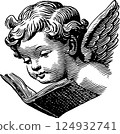 Illustrated cherub reading a book with wings in vintage style 124932741