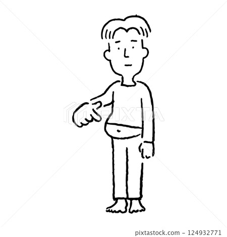 Man pointing at his belly_black and white 124932771