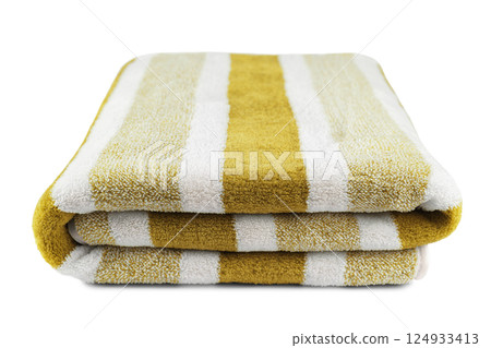 Carefully folded soft striped bath yellow towel isolated on white background 124933413
